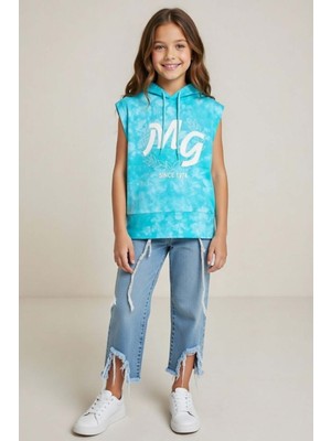 Riccotarz Kız Çocuk Üzeri Mg Yazı ve Yaprak Detaylı Kapüşonlu Kolsuz Turkuaz Sweatshirt