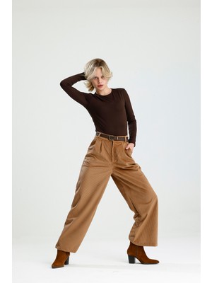 Rose Quenn Fitilli Kadife Kumaşından Geniş Paça Yüksek Bel Palazzo Pantolon