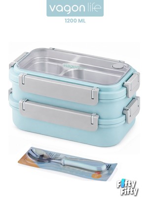 Vagonlife 1200 ml Iki Kat Üç Bölme Paslanmaz Çelik Bento Lunch Box Yeni Nesil Sefer Tası Çelik Kaşıklı -22FF15