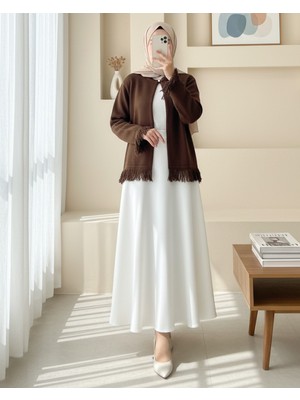 Modamorfo Tek Düğmeli Saçaklı Yumoş Triko Hırka   -Kahve