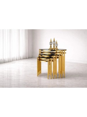 Çelsan Yuvarlak Sütun Model 3’lü Zigon Sehpa Seti – Gold Metal Ayaklı – Siyah Cam – Yerli Üretim