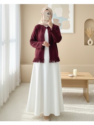 Modamorfo Tek Düğmeli Saçaklı Yumoş Triko Hırka   -Bordo