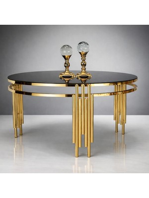 Çelsan Yuvarlak Sütun Model Metal Ayaklı Orta Sehpa – Gold Renk – Siyah Cam Üst Tabla – 80 cm Çap – Yerli Üretim