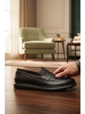 Enoch Erkek Siyah Deri Büyük Numara Loafer Ayakkabı (45-50)