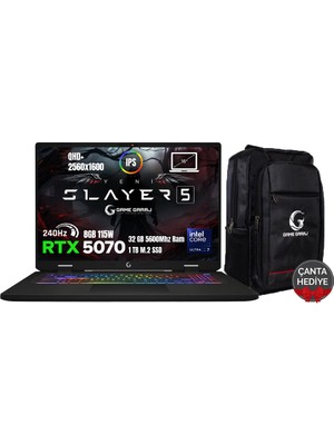 Game Garaj Slayer5 7-5070 C6 Ultra 7-255HX 32GB Ram 1tb SSD RTX5070 8gb 115W 16" 2k Qhd+ 240Hz IPS Freedos Gaming Laptop