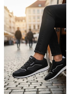 Enoch Erkek Siyah Süet ve Deri Detaylı Büyük Numara Spor Ayakkabı (45-50)