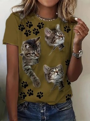 Veralya Kadın Kısa Kollu Kedi ve Pati Baskılı Süprem Tshirt