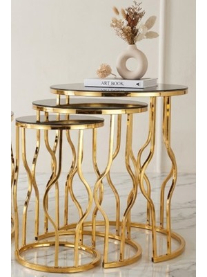 Çelsan Yumurta Model 3’lü Zigon Sehpa Seti – Gold Kıvrımlı Metal Ayaklı – Siyah Cam Yan Sehpa – Yerli Üretim