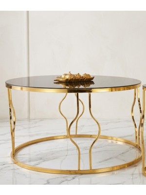 Çelsan Yumurta Model Orta Sehpa – Gold Kıvrımlı Metal Ayaklı – Siyah Cam Üst Tabla – 80 cm Çap – Yerli Üretim