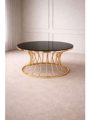 Çelsan Şelale Model Lüks Orta Sehpa – Gold Kavisli Metal Ayaklı Siyah Cam | 80 cm Çap | Yerli Üretim