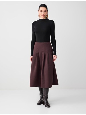 Jimmy Key Acı Kahve Normal Bel Rahat Kesim Beli Fermuarlı Dokuma Midi Etek