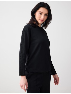 Jimmy Key Siyah Rahat Kesim Bisiklet Yaka Örme Modal Sweatshirt