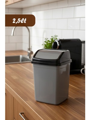 Porsima 0102 Kapaklı Gri-Siyah Çöp Kutusu - Favori Banyo ve Mutfak Çöp Kovası 2,5lt