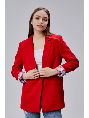Bolivente Kırmızı Kruvaze Yaka Kolu Katlama Detaylı Regular Vatkalı Blazer Ceket