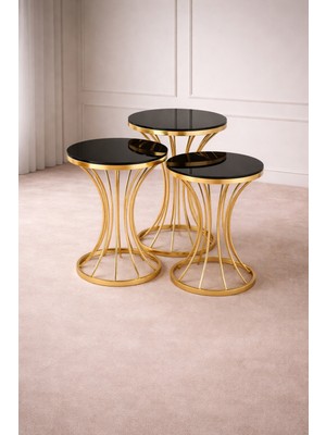 Çelsan Şelale Model 3’lü Zigon Sehpa Seti – Gold Kavisli Metal Ayaklı Siyah Cam | Yerli Üretim