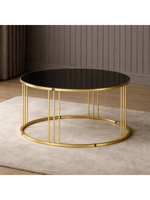 Çelsan Piyano Borulu Lüks Orta Sehpa – Gold Metal Ayaklı Siyah Cam | 80 cm Çap | Yerli Üretim