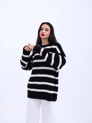 Veralya 43111 Triko Çizgili Salaş Kazaksiyahekru