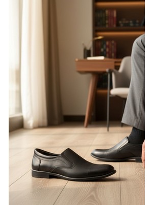 Enoch Erkek Siyah Hakiki Deri Bağcıksız Büyük Numara Klasik Ayakkabı (45-50)