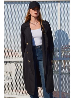 Veralya 5853 Kruvaze Yaka Trençkot  Siyah