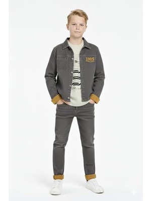 Rapapa Erkek Çocuk 3 Parça Kot Ceketli Baskılı Tişört ve Jean Pantolon TAKIMI-7201 Gri