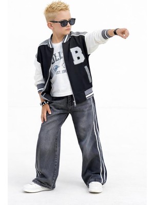 Rapapa Erkek Çocuk 3 Parça  Kolej Ceketli Şeritli Kot Pantolon Takım – Günlük & Spor Kombin 25174S