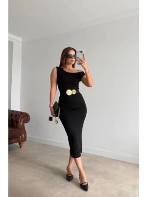 Purple By Banu Siyah Düşük Omuz Bodycon Elbise