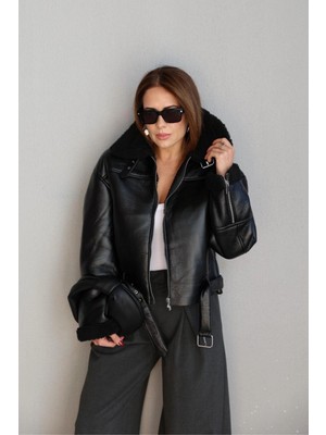 Purple By Banu Siyah Kürk Yaka Biker Deri Ceket
