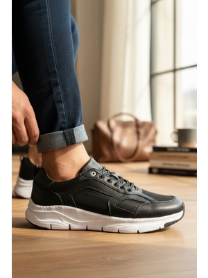 Enoch Erkek Siyah Hakiki Deri Kalın Taban Bağcıklı Büyük Numara Spor Ayakkabı (45-50)