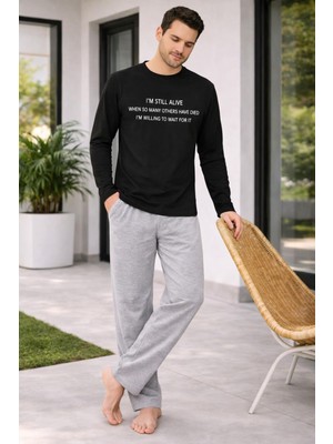 Rapapa Erkek Siyah Üst Gri Alt Pamuklu Pijama Takımı – Günlük Rahatlık & KONFOR-6150-26