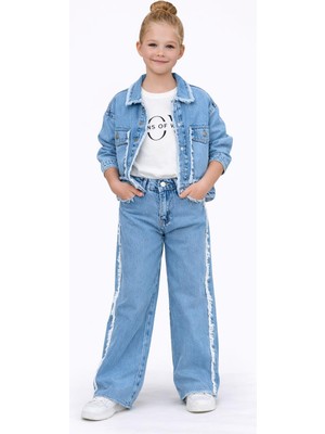 Rapapa Kız Çocuk 3 Parça Püsküllü Kot Ceketli Şerit Detaylı Pantolon Takım – Günlük & Şık Kombin 25138