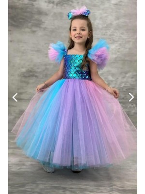 Rapapa Deniz Kızı Pul Desenli Çocuk Kostüm Abiye 0501