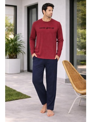 Rapapa Erkek Bordo Üst Lacivert Alt Pamuklu Pijama Takımı – Yazı Detaylı Şık Ev GIYIMI-6150-24