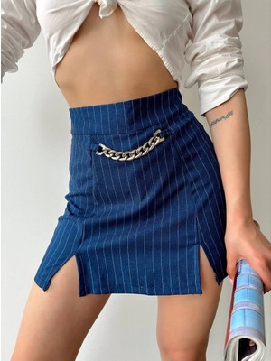 Zengezur Mall Storozde Zincir Detaylı Çizgili Şort Etek Lacivert (Beden: M)