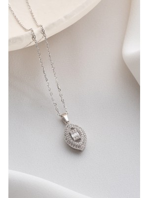 Two Arts Kadın 925 Ayar Gümüş Oval Zirkon Taşlı Kolye | Hediye Kutusunda