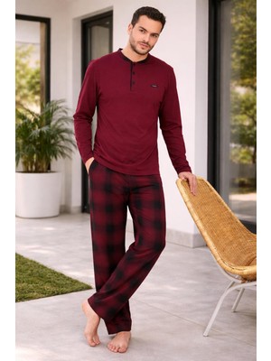 Rapapa Erkek Bordo Düğmeli Uzun Kollu Pijama Takımı – Şık & Rahat Ev GIYIMI-6300-7