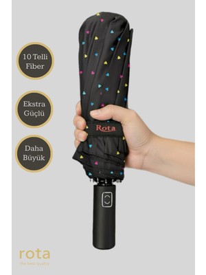 Normadia 10 Tellilik Ekstra Dayanıklı Fiber Şemsiye, Otomatik Açılır/kapanır, Kalpli Siyah