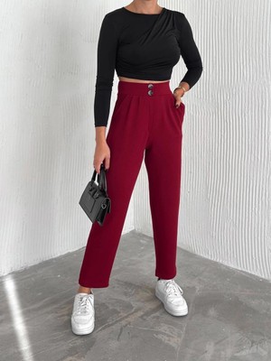 Zengezur Mall Storozde Örme Krep Pantolon Çift Düğmeli Bordo (Beden: S)