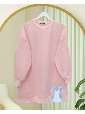 Modamorfo Yuvarlak Yaka Eteği Fiyonk Detaylı  Salaş Penye Tunik  -Pudra