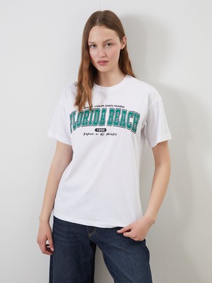 Lc Waikiki Yeni Sezon Bisiklet Yaka Baskılı Kadın Tişört