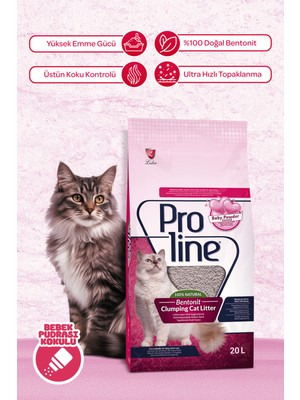 Proline Bebek Pudrası Kokulu Bentonit Topaklanan Kedi Kumu 20 L