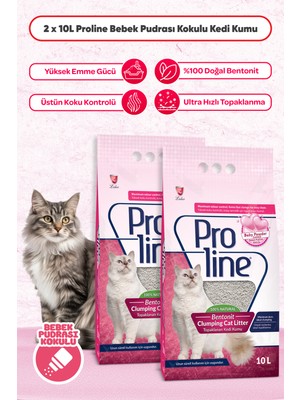 Proline Bebek Pudrası Kokulu Bentonit Topaklanan Kedi Kumu 10 L x 2 Adet