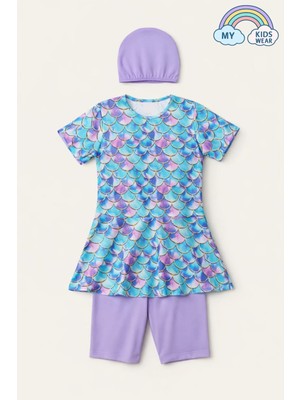 My Kids Wear Kız Çocuk Desenli Şortlu Bone’li Mayo Takımı 12574