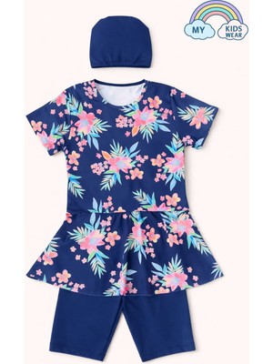 My Kids Wear Kız Çocuk Desenli Şortlu Bone’li Mayo Takımı 12571