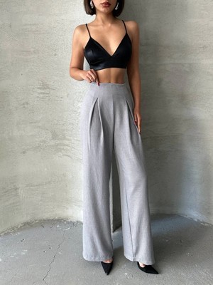 Zengezur Mall Storozde Pileli Keten Pantolon S255046 Gri (Beden: M)