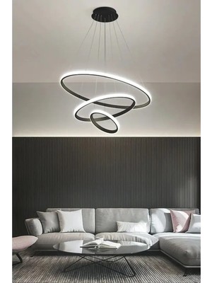 Rings 3'lü Siyah Renk Modern Tasarım - Yatak Odası - Salon-Çocuk Odası-Mutfak Beyaz LED Sarkıt Avize