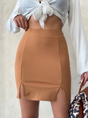 Zengezur Mall Storozde Çift Yırtmaçlı Etek Camel S25910 (Beden: L)