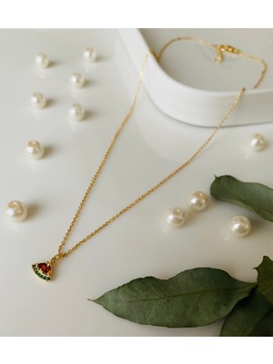 Fynbos Karpuz Dilimi Figürlü Zirkon Taşlı Özel Tasarım Kadın Kararmayan Gold Kaplamalı Zincir Kolye