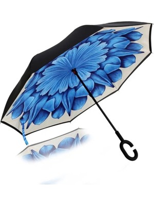 Normadia Şemsiye Kadın Mavi Krem Papatya Desenli Rüzgarlı Hava Koruma
