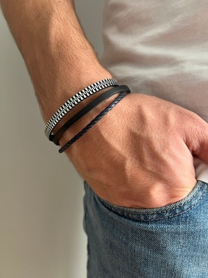 Fynbos Premium Hakiki Deri Üçlü Fermuar Detaylı Erkek Bileklik - Özel Tasarım Şık Bileklik