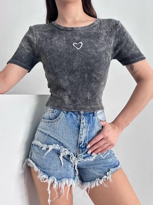 Zengezur Mall Storozde Kalp Nakışlı Asit Yıkamalı Bluz S3479 Antrasit (Beden: Standart)